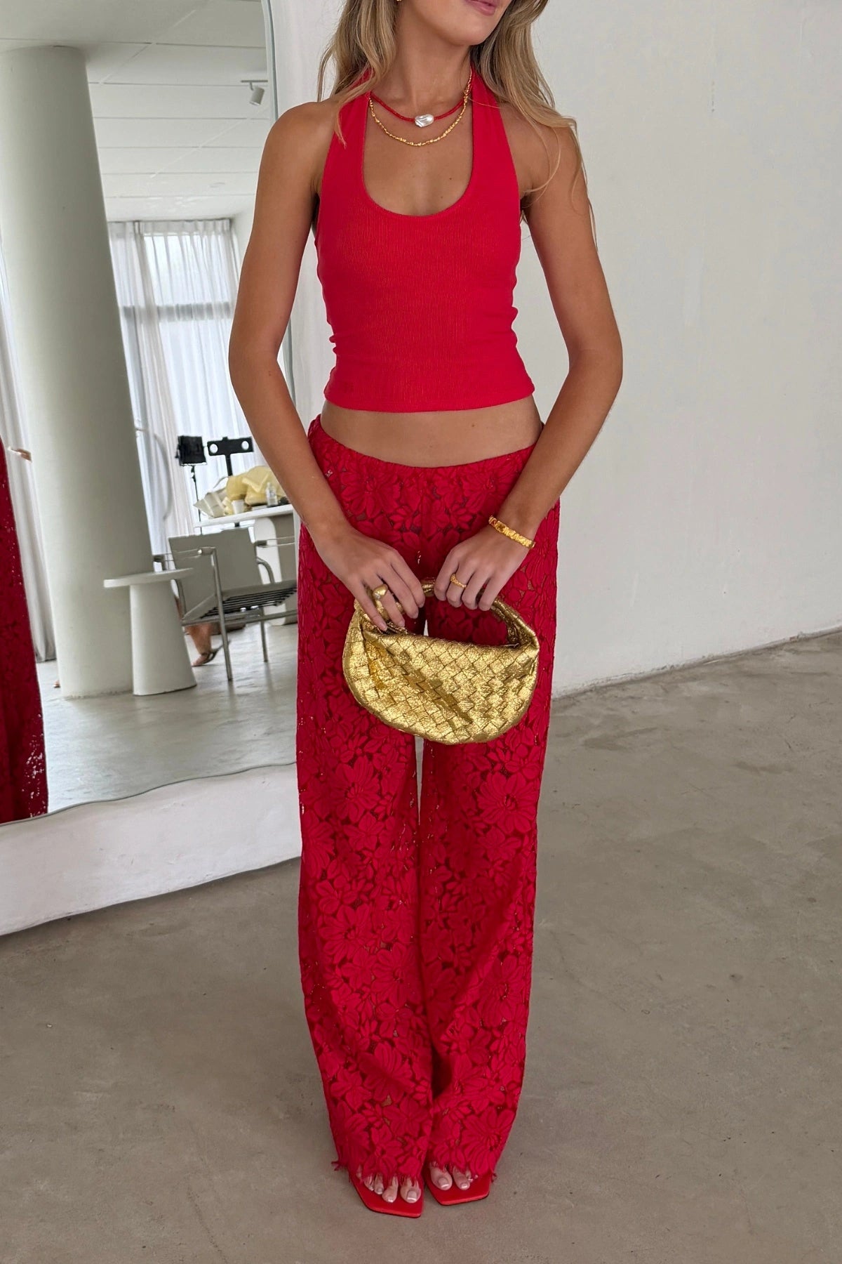 Lucy Lace Elastic Pant Red by Sneaky Link, a sheer floral lace wide-leg pant with elastic waist for elegant day-to-night styling.