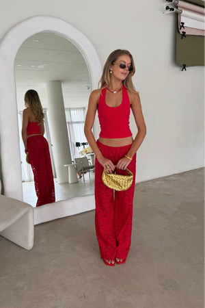 Lucy Lace Elastic Pant Red by Sneaky Link, a sheer floral lace wide-leg pant with elastic waist for elegant day-to-night styling.