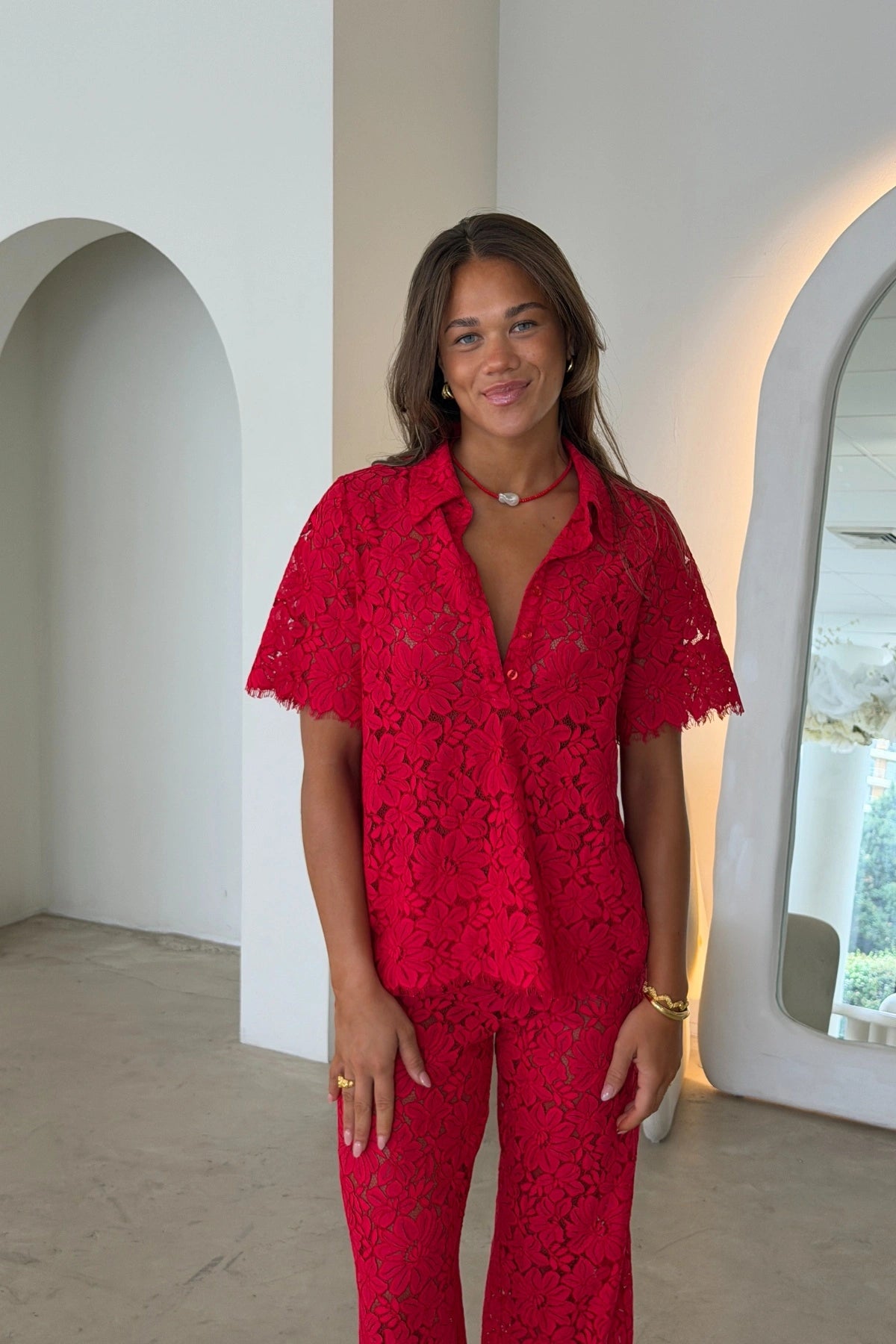 Lucy V-Neck Shirt Red by Sneaky Link, a sheer floral lace button-down shirt with relaxed fit for elevated layering. 2