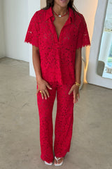 Lucy V Neck Shirt Red by Sneaky Link – a sheer lace shirt with relaxed fit and button front. Perfect for layered styling.