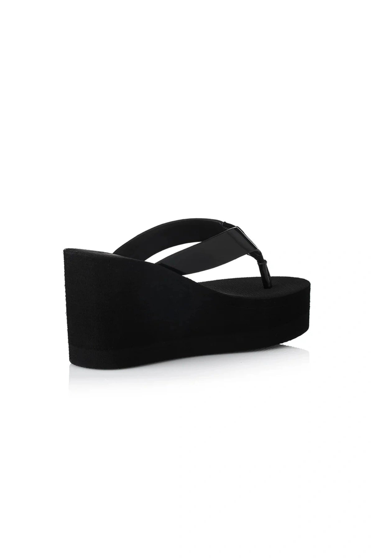 Lulu Sandal by Alias Mae, a bold black leather wedge with 9cm lift and clean silhouette. Perfect for elevated everyday or evening wear.