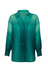 Lulu Shirt Evergreen by Baobab – a sheer shirt with button front and silky drape. Perfect for layering or resort styling.