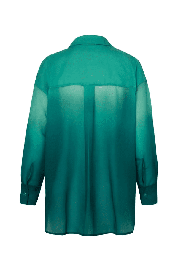 Lulu Shirt Evergreen by Baobab – a sheer shirt with button front and silky drape. Perfect for layering or resort styling.