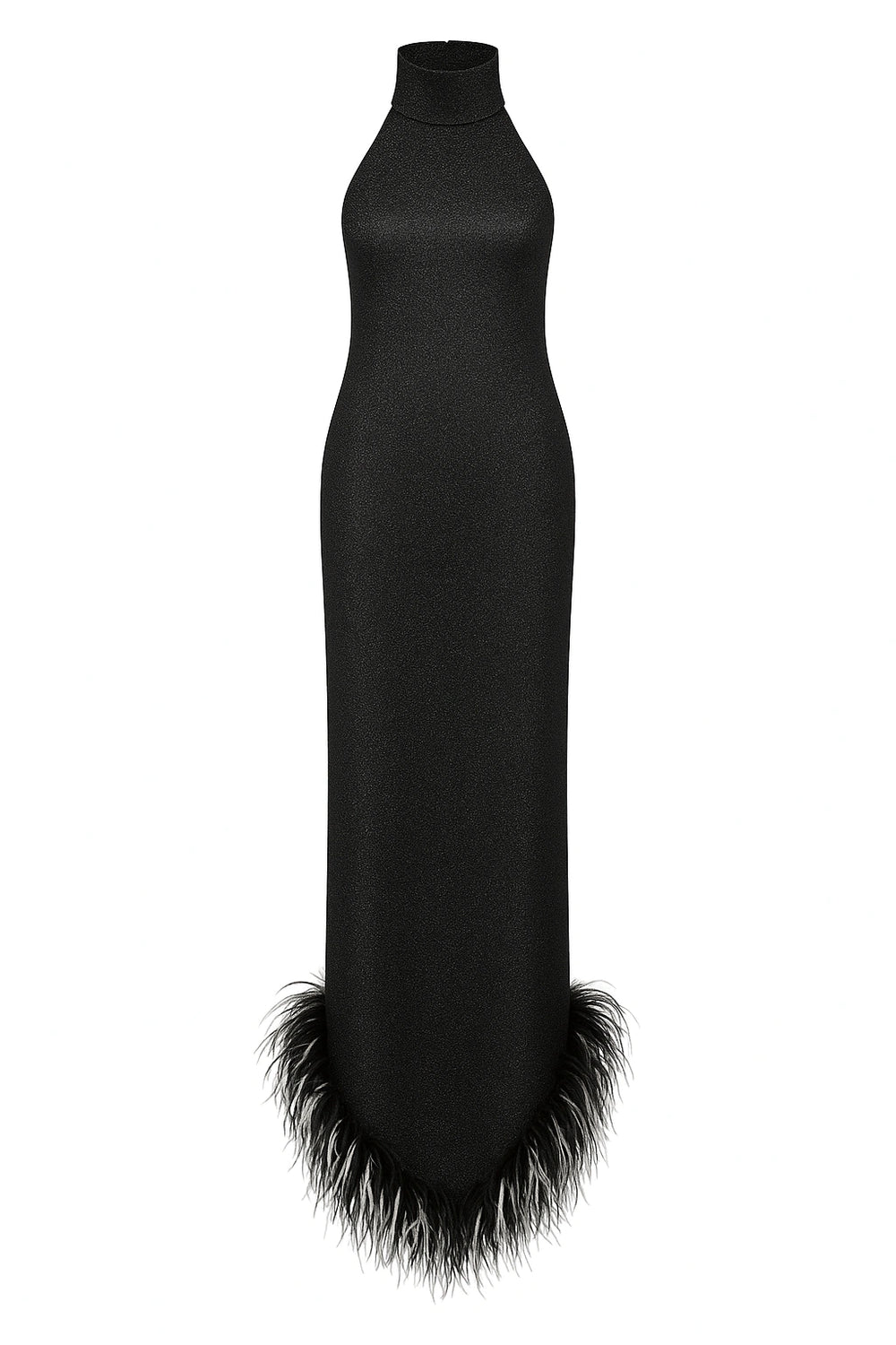 Lumière Bicolor Plumage Turtleneck Dress Black by Oséree, a feather-embellished statement dress with high neckline and bold contrast.
