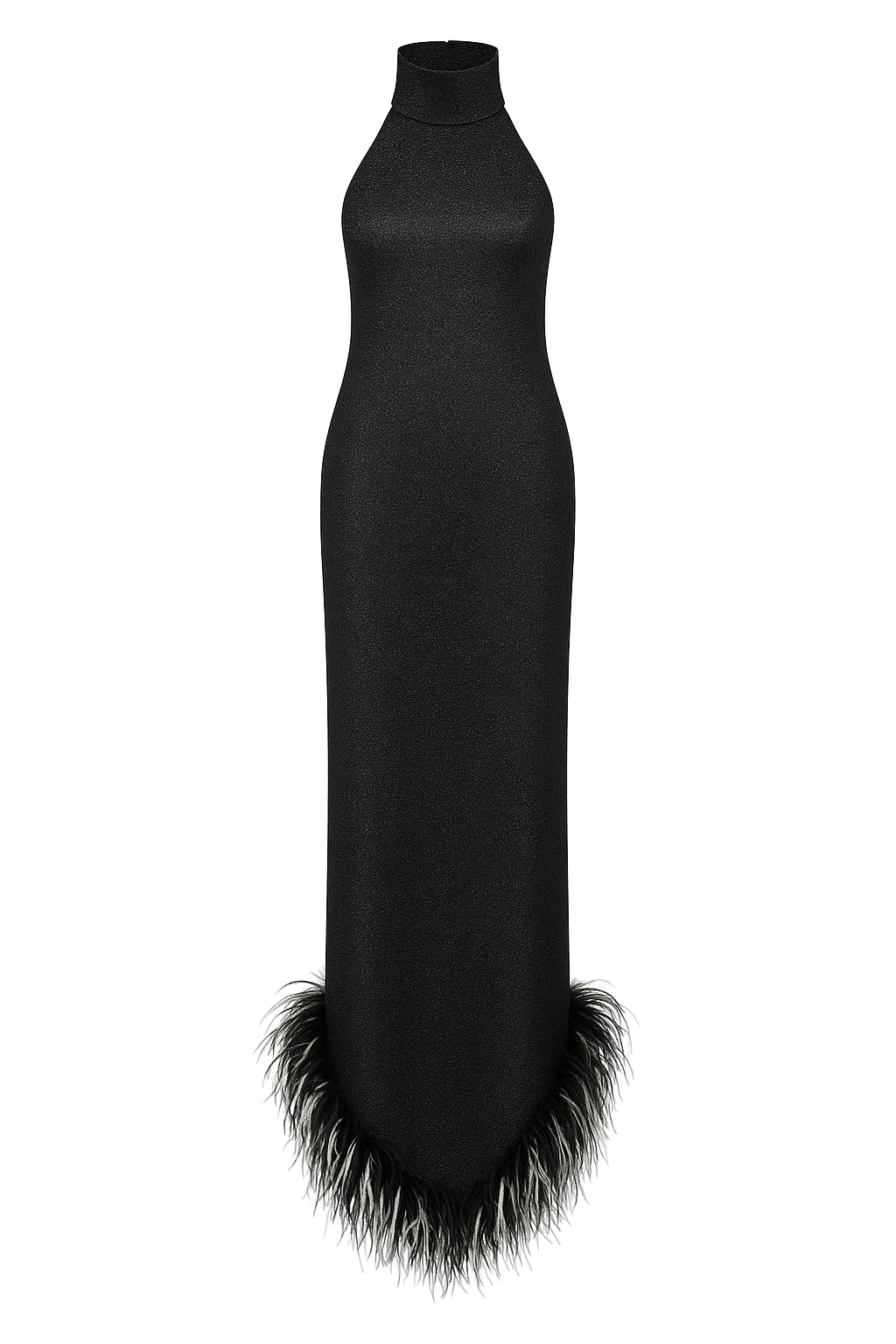 Lumière Bicolor Plumage Turtleneck Dress Black by Oséree, a feather-embellished statement dress with high neckline and bold contrast.
