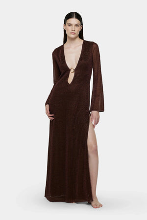 Lumière O Long Kaftan Chocolate by Oséree, a shimmering metallic long kaftan with fluid drape for elevated resort styling.