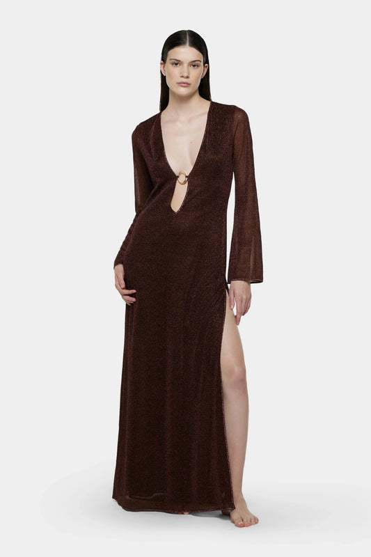 Lumière O Long Kaftan Chocolate by Oséree, a shimmering metallic long kaftan with fluid drape for elevated resort styling.