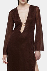 Lumière O Long Kaftan Chocolate by Oséree, a shimmering metallic long kaftan with fluid drape for elevated resort styling.
