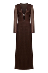 Lumière O Long Kaftan Chocolate by Oséree, a shimmering metallic long kaftan with fluid drape for elevated resort styling.