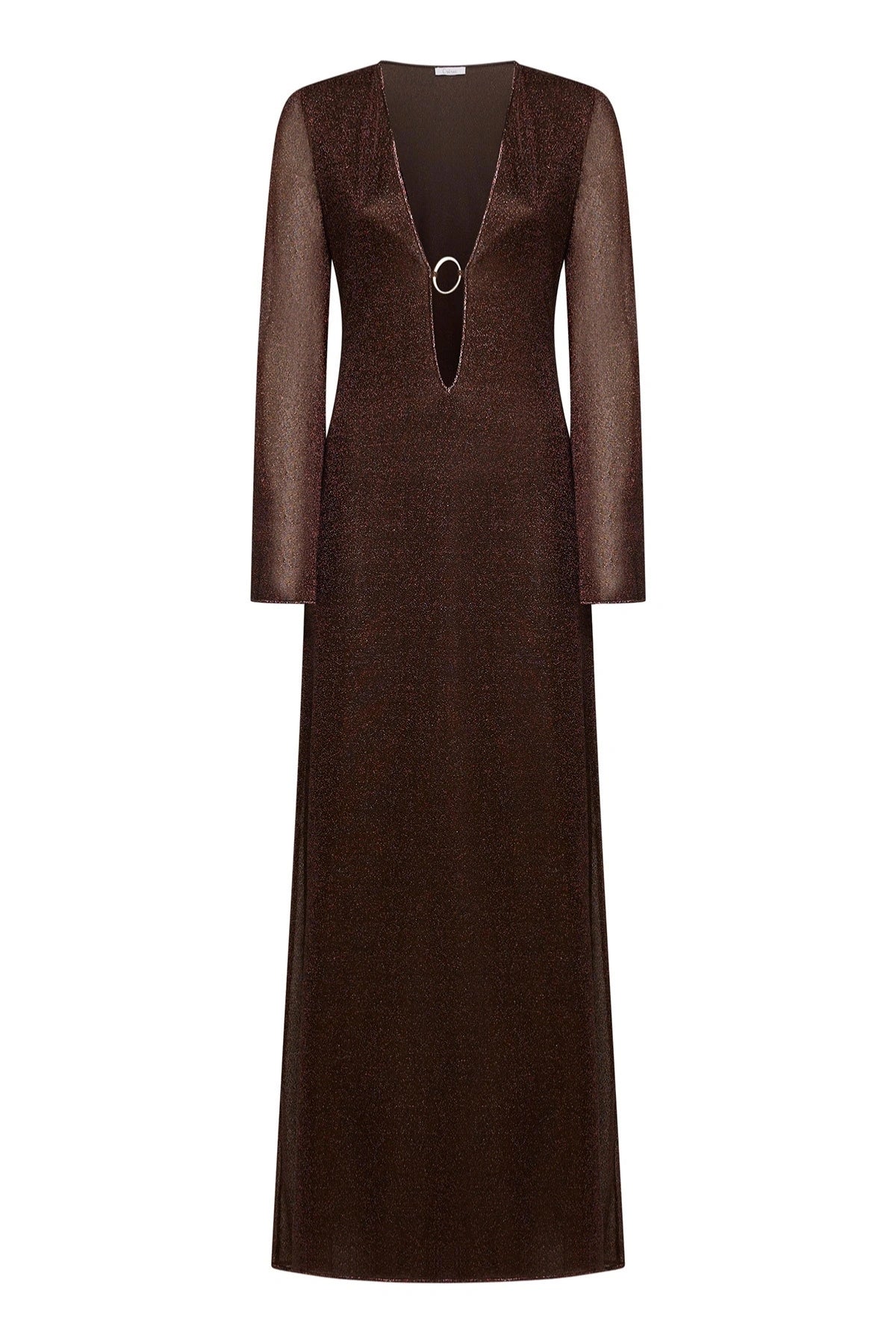 Lumière O Long Kaftan Chocolate by Oséree, a shimmering metallic long kaftan with fluid drape for elevated resort styling.