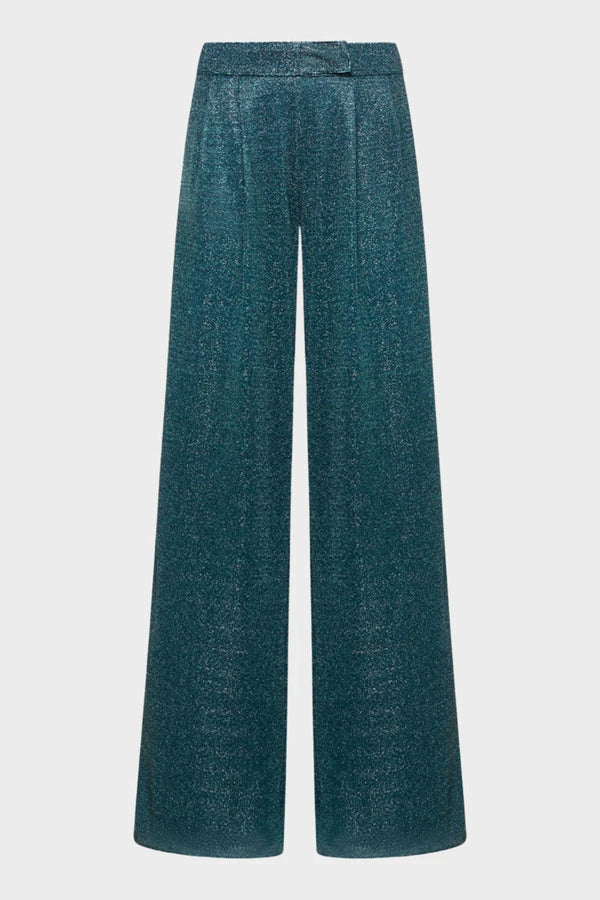 Lumière Pants Peacock by Oséree, shimmering high-waist tailored pants with fluid drape for elevated resort and evening looks.
