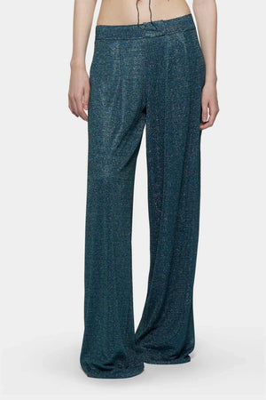 Lumière Pants Peacock by Oséree, shimmering high-waist tailored pants with fluid drape for elevated resort and evening looks.
