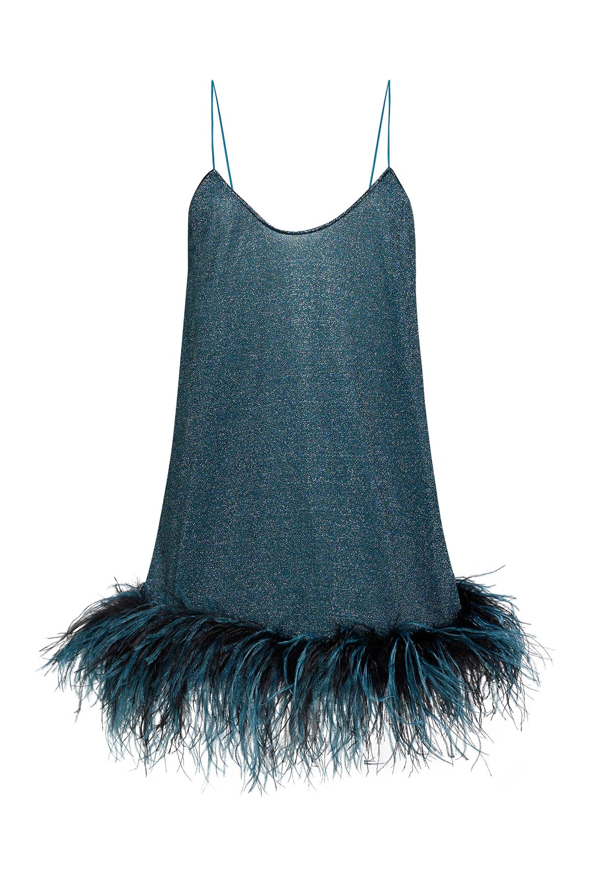 Lumière Plumage Short Dress Peacock by Oséree, a metallic mini with feather trim for a playful, glamorous evening look.
