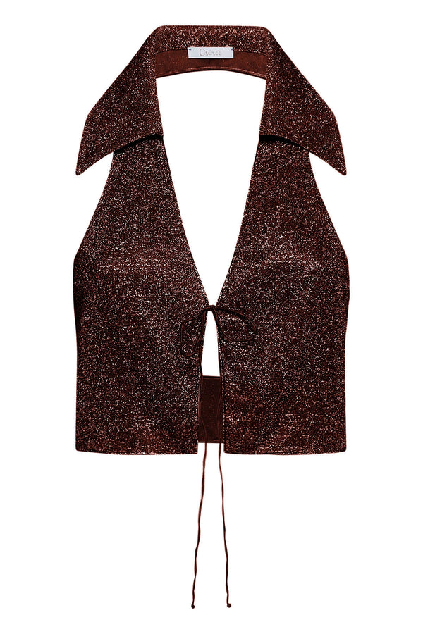 Lumière Polo Top Chocolate by Oséree, a cropped metallic polo top with shimmering finish for elevated resort and evening styling.
