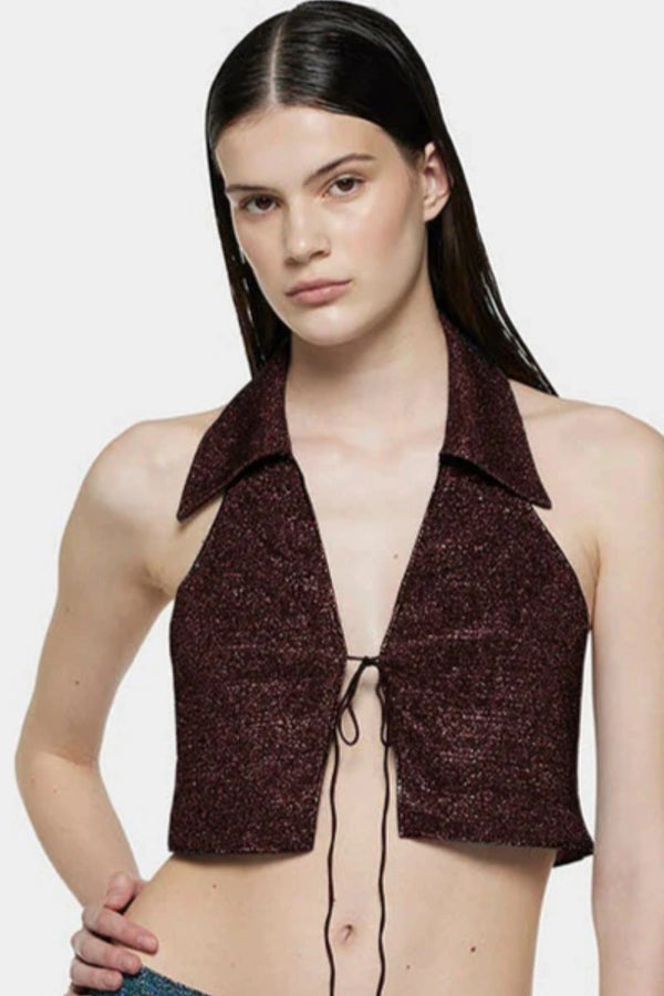 Lumière Polo Top Chocolate by Oséree, a cropped metallic polo top with shimmering finish for elevated resort and evening styling.
