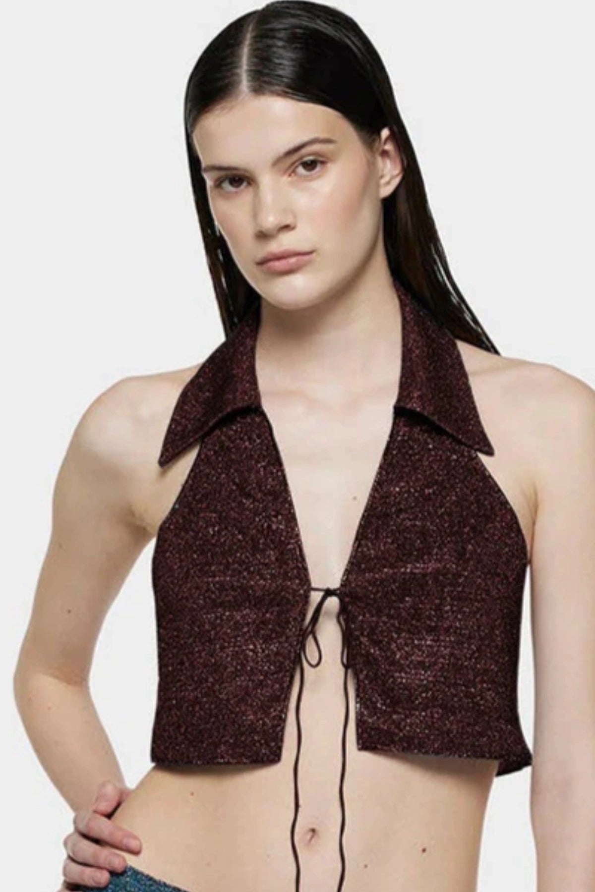 Lumière Polo Top Chocolate by Oséree, a cropped metallic polo top with shimmering finish for elevated resort and evening styling.
