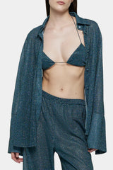 Lumière Sleeves Shirt Peacock by Oséree, a metallic statement shirt with voluminous sleeves for chic resort and evening styling.