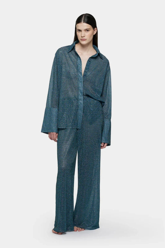 Lumière Sleeves Shirt Peacock by Oséree, a metallic statement shirt with voluminous sleeves for chic resort and evening styling.
