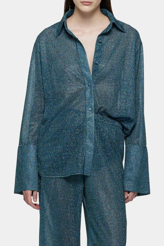 Lumière Sleeves Shirt Peacock by Oséree, a metallic statement shirt with voluminous sleeves for chic resort and evening styling.
