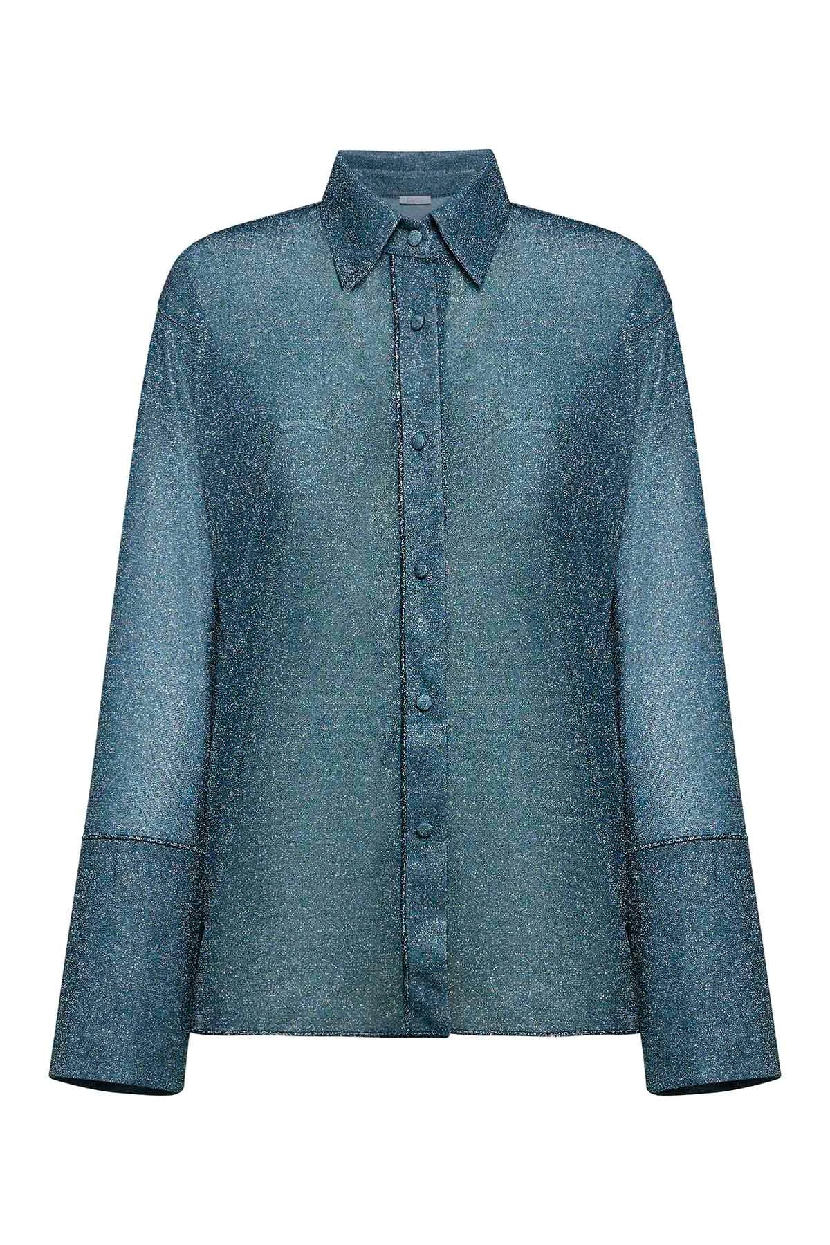 Lumière Sleeves Shirt Peacock by Oséree, a metallic statement shirt with voluminous sleeves for chic resort and evening styling.