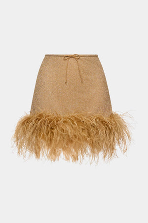 Lumiere Plumage Skirtini Gold by Oséree - high waisted mini skirt with feather detailing, perfect for glamorous resort or party styling.