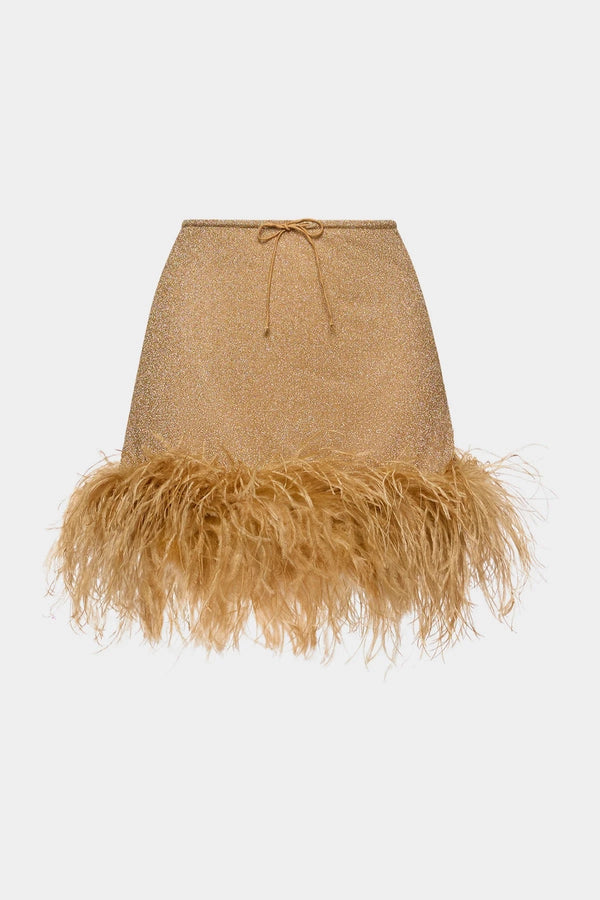 Lumiere Plumage Skirtini Gold by Oséree - high waisted mini skirt with feather detailing, perfect for glamorous resort or party styling.