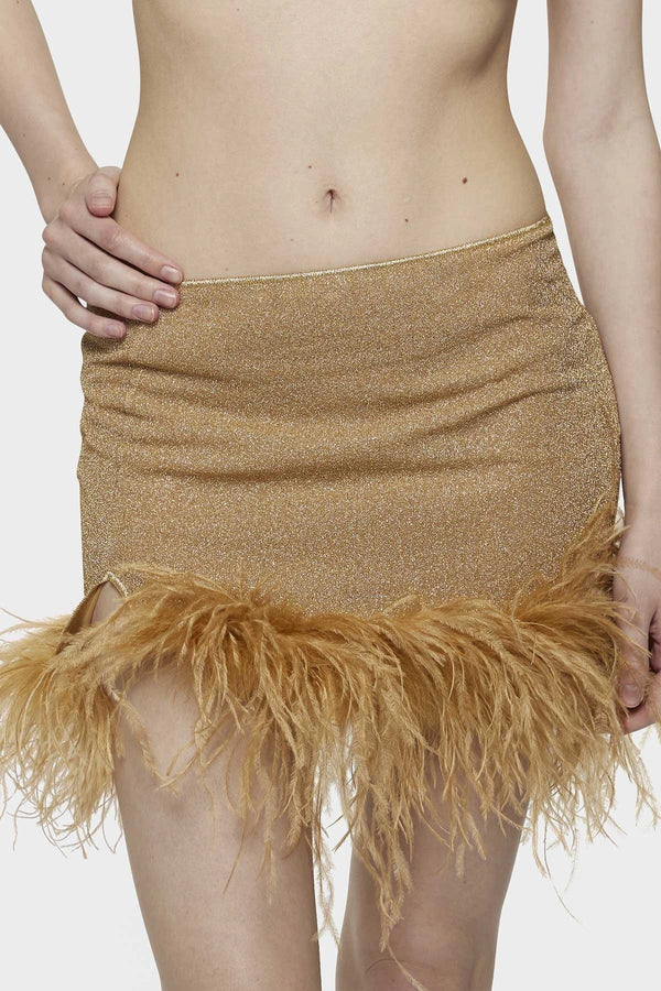 Lumiere Plumage Skirtini Gold by Oséree - high waisted mini skirt with feather detailing, perfect for glamorous resort or party styling.