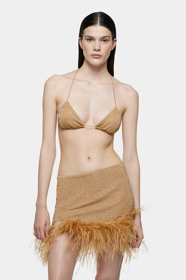 Lumiere Plumage Skirtini Gold by Oséree - high waisted mini skirt with feather detailing, perfect for glamorous resort or party styling.