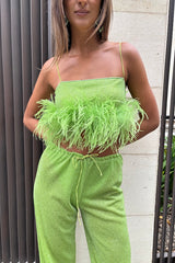Lumiere Plumage Top Lime by Oséree - feather embellished crop top with metallic finish, perfect for bold party and statement styling.
