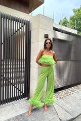 Lumiere Plumage Top Lime by Oséree - feather embellished crop top with metallic finish, perfect for bold party and statement styling.