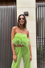 Lumiere Plumage Top Lime by Oséree - feather embellished crop top with metallic finish, perfect for bold party and statement styling.