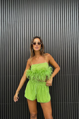 Lumiere Plumage Top Lime by Oséree - feather embellished crop top with metallic finish, perfect for bold party and statement styling.