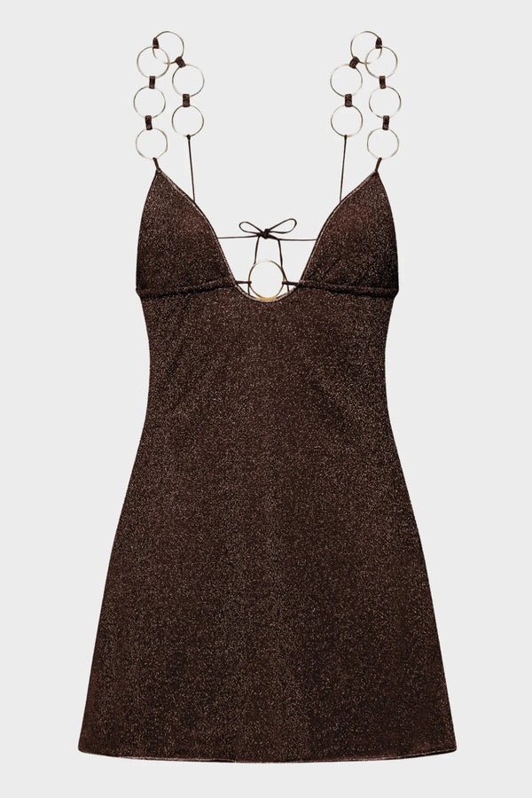 Lumiere Ring Mini Dress Chocolate by Oséree - fitted mini dress with metallic ring accents, perfect for bold evening and party styling.