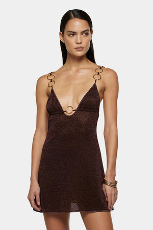Lumiere Ring Mini Dress Chocolate by Oséree - fitted mini dress with metallic ring accents, perfect for bold evening and party styling.