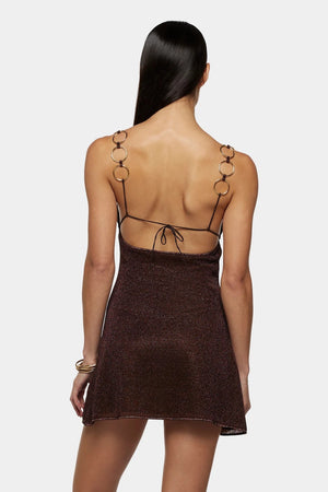 Lumiere Ring Mini Dress Chocolate by Oséree - fitted mini dress with metallic ring accents, perfect for bold evening and party styling.