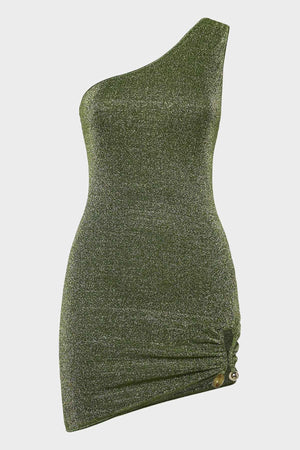 Lumiere Stones One Shoulder Dress Green by Oséree - asymmetric one shoulder dress with stone embellishments, perfect for elegant summer evenings.