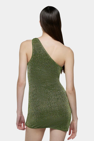 Lumiere Stones One Shoulder Dress Green by Oséree - asymmetric one shoulder dress with stone embellishments, perfect for elegant summer evenings.