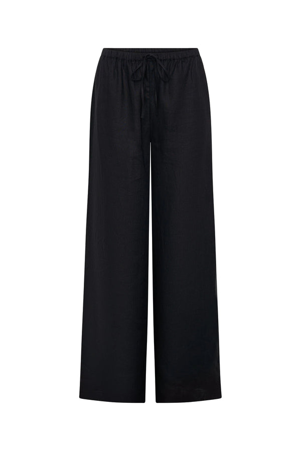 Luna Linen Pant in Black by Sneaky Link – a breathable linen pant with elastic waist and relaxed fit. Perfect for effortless summer styling.