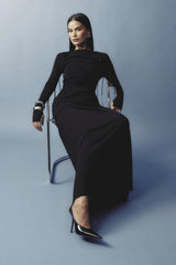 Lure Maxi Dress Black by Mossman - draped maxi dress with mesh panels and thumbhole sleeves, designed for elegant evening styling.