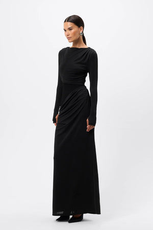 Lure Maxi Dress Black by Mossman - draped maxi dress with mesh panels and thumbhole sleeves, designed for elegant evening styling.