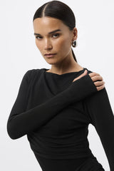 Lure Maxi Dress Black by Mossman - draped maxi dress with mesh panels and thumbhole sleeves, designed for elegant evening styling.