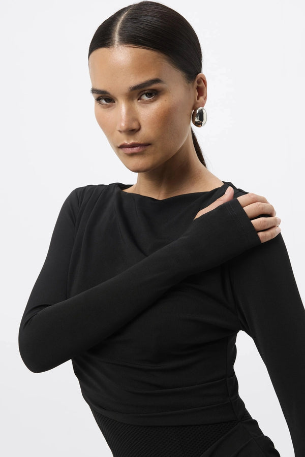 Lure Maxi Dress Black by Mossman - draped maxi dress with mesh panels and thumbhole sleeves, designed for elegant evening styling.