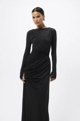 Lure Maxi Dress Black by Mossman - draped maxi dress with mesh panels and thumbhole sleeves, designed for elegant evening styling.