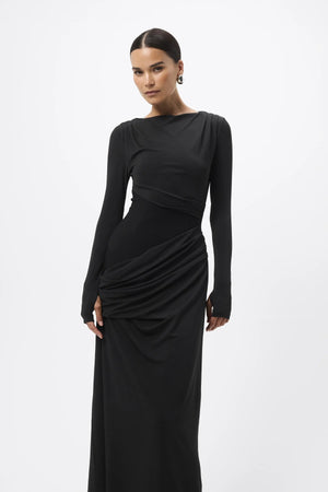 Lure Maxi Dress Black by Mossman - draped maxi dress with mesh panels and thumbhole sleeves, designed for elegant evening styling.