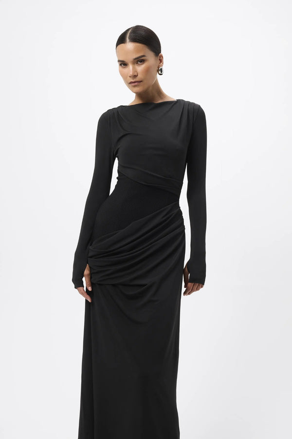 Lure Maxi Dress Black by Mossman - draped maxi dress with mesh panels and thumbhole sleeves, designed for elegant evening styling.