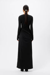 Lure Maxi Dress Black by Mossman - draped maxi dress with mesh panels and thumbhole sleeves, designed for elegant evening styling.