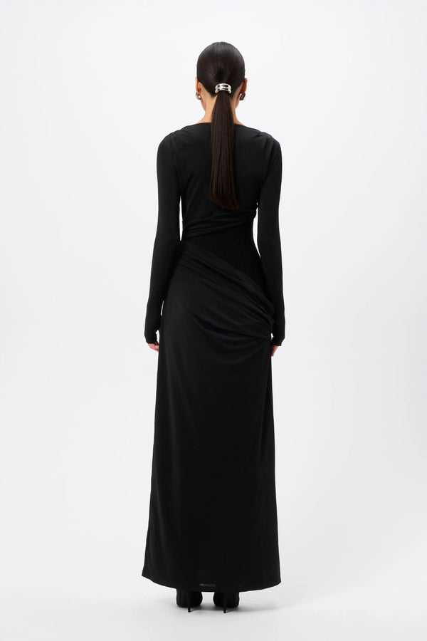 Lure Maxi Dress Black by Mossman - draped maxi dress with mesh panels and thumbhole sleeves, designed for elegant evening styling.