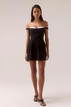 Lure Mini Dress Black/White by Sovere, off-shoulder mini with contrast bust cups and shirred sides, perfect for chic evenings or events.