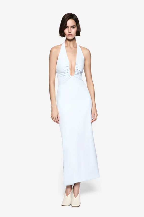 Lusi Crepe Dress Skywriting by Misha - halter midi dress with U wire neckline and ruched waist, perfect for modern evening styling.