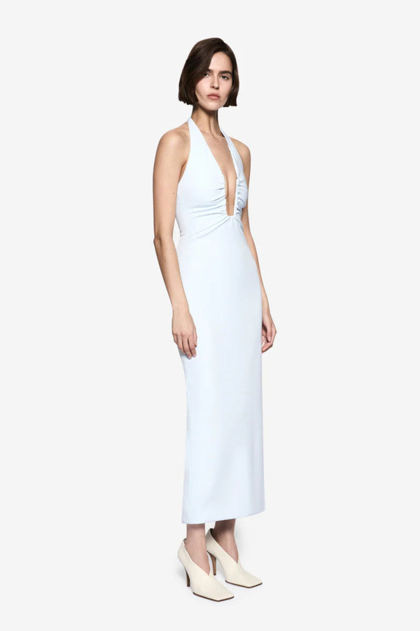 Lusi Crepe Dress Skywriting by Misha - halter midi dress with U wire neckline and ruched waist, perfect for modern evening styling.